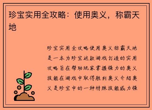 珍宝实用全攻略：使用奥义，称霸天地