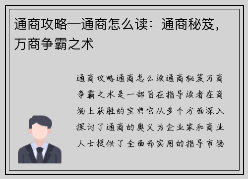 通商攻略—通商怎么读：通商秘笈，万商争霸之术